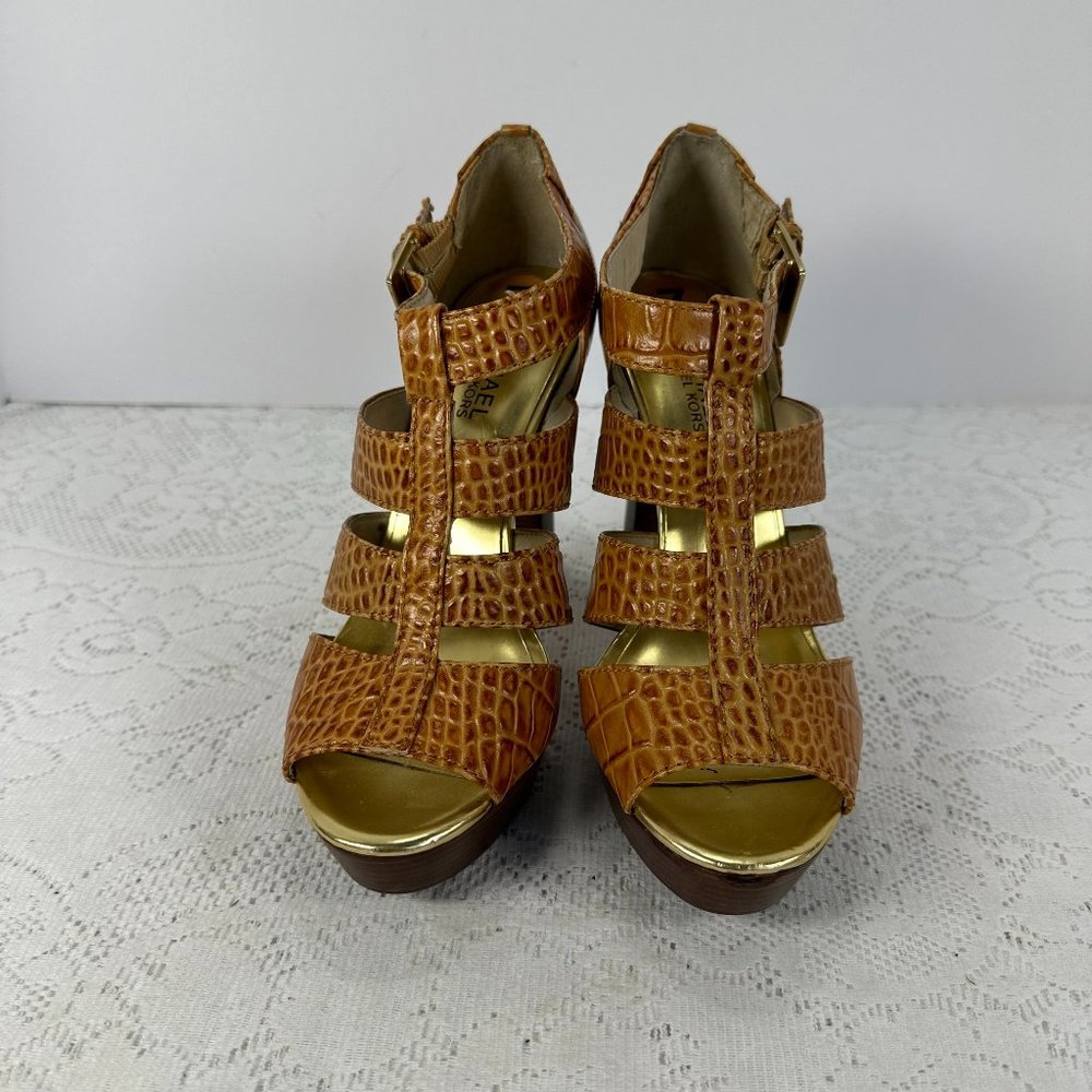 Michael Kors, Brown Blaze Open Toe Bootie, Heeled Cages Sandals, Pumps, 7.5M